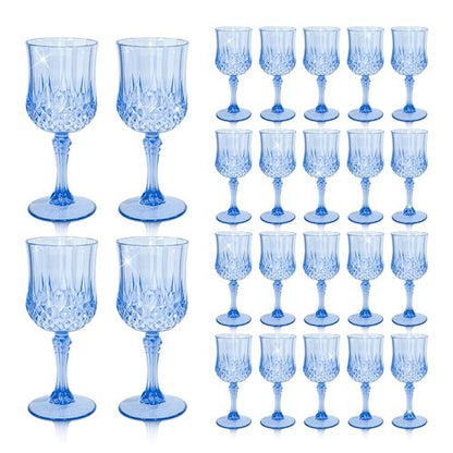 CHLJAR 24 PCS Plastic Blue Wine Glasses Goblets Blue Vintage Wine Glasses, Reusable Drinkware Vintage Champagne, Plastic Goblets for Parties for Wedding Reception Grand Event Party, 7oz