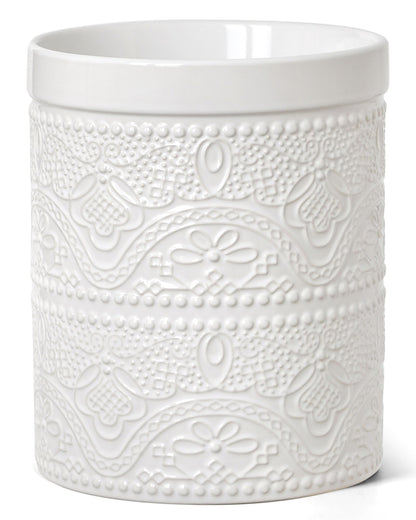 FUN ELEMENTS Kitchen Utensil Holder, 7.2" Super Large Utensil Crock Heavy and Stable Lace Emboss Ceramic Utensil Holder for Kitchen Counter (Bright White)
