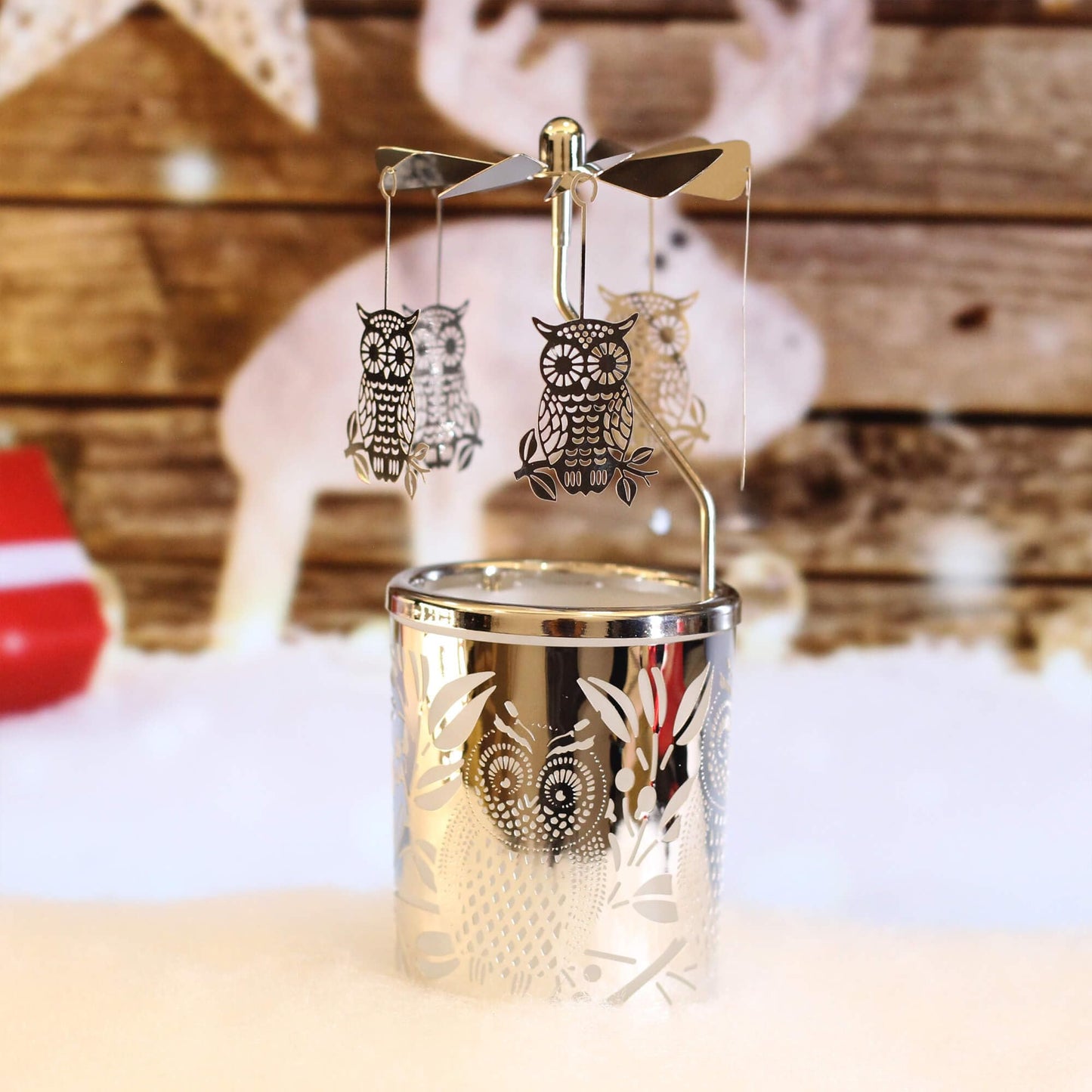 iLajao Candle Carousel Rotary Candle Holder Christmas Carousel Spinning Tealight Candleholder Christmas Decoration Centerpieces for Tables Valentine Easter (Owl)