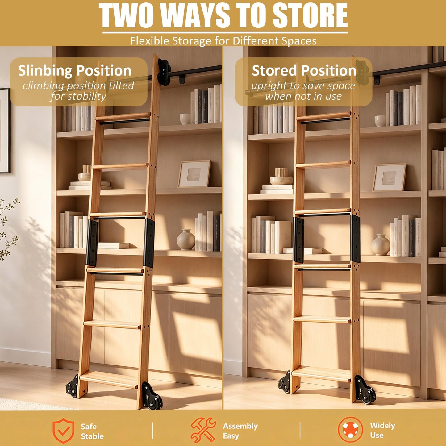 Leinuosen 95 Inch Rolling Library Ladder with 4ft Track Kit, Solid Oak Wood Ladder with Braking Wheels, Sliding Kit for Home, Bookshelf, Loft((Suitable for Installation Height 89-3/4")