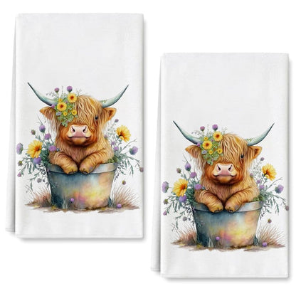 AnyDesign Highland Cow Kitchen Dish Towel 18 x 28 Inch Rustic Farmhouse Dishcloth Seasonal Cute Cow Decorative Hand Tea Towel for Kitchen Home Cooking Baking Cleaning, 2 Pcs