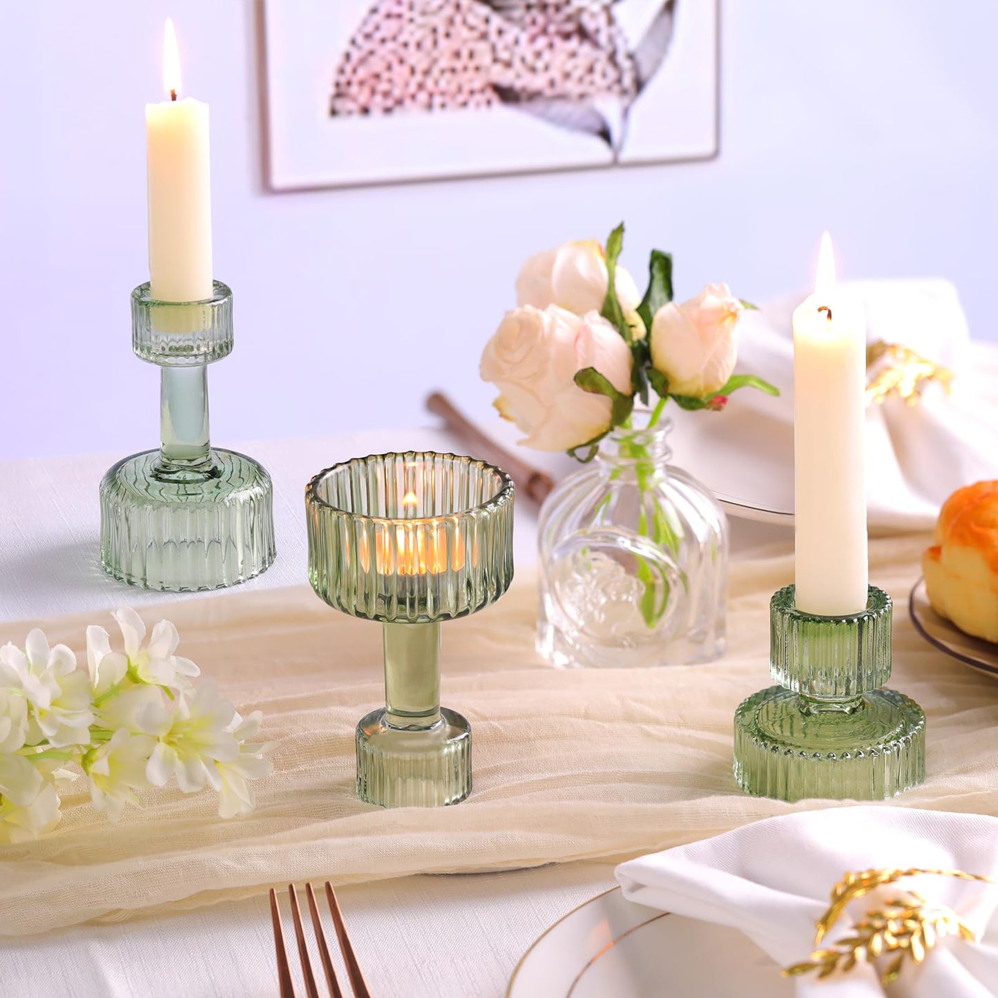 Lanttu Green Glass Taper Candle Holders Set of 6 Candlestick Holders Bulk Combination Candle Holders Crystal Candle Holders for Wedding, Table Centerpiece, Home Decoration
