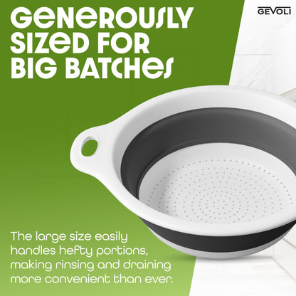 Collapsible Colander Strainer, Includes Over-sink Countertop Draining Base (5QT) Large Kitchen Drainer for Vegetables Fruit and Pasta, Round Foldable Draining Basket, Easy Storage (White)