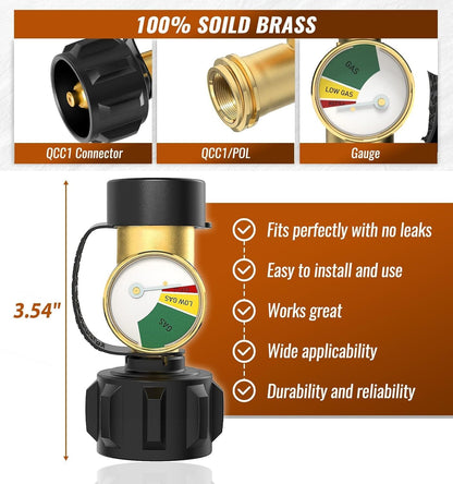 NUPICK Propane Tank Gauge - Level Indicator with QCC1 Connector for 5-40lb Tanks | Leak Detector for BBQ Grills