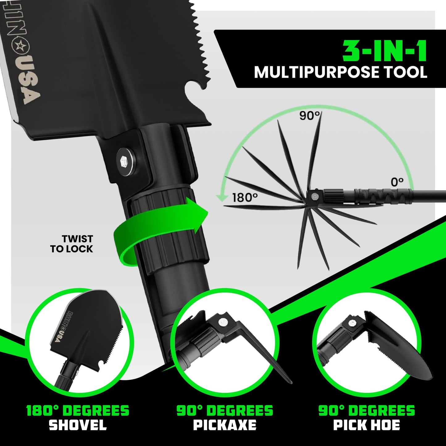 Rhino USA Survival Shovel w/Pick - Heavy Duty Carbon Steel Military Style Entrenching Tool for Off Road, Camping, Gardening, Beach, Digging Dirt, Sand, Mud & Snow. (Survival Shovel)