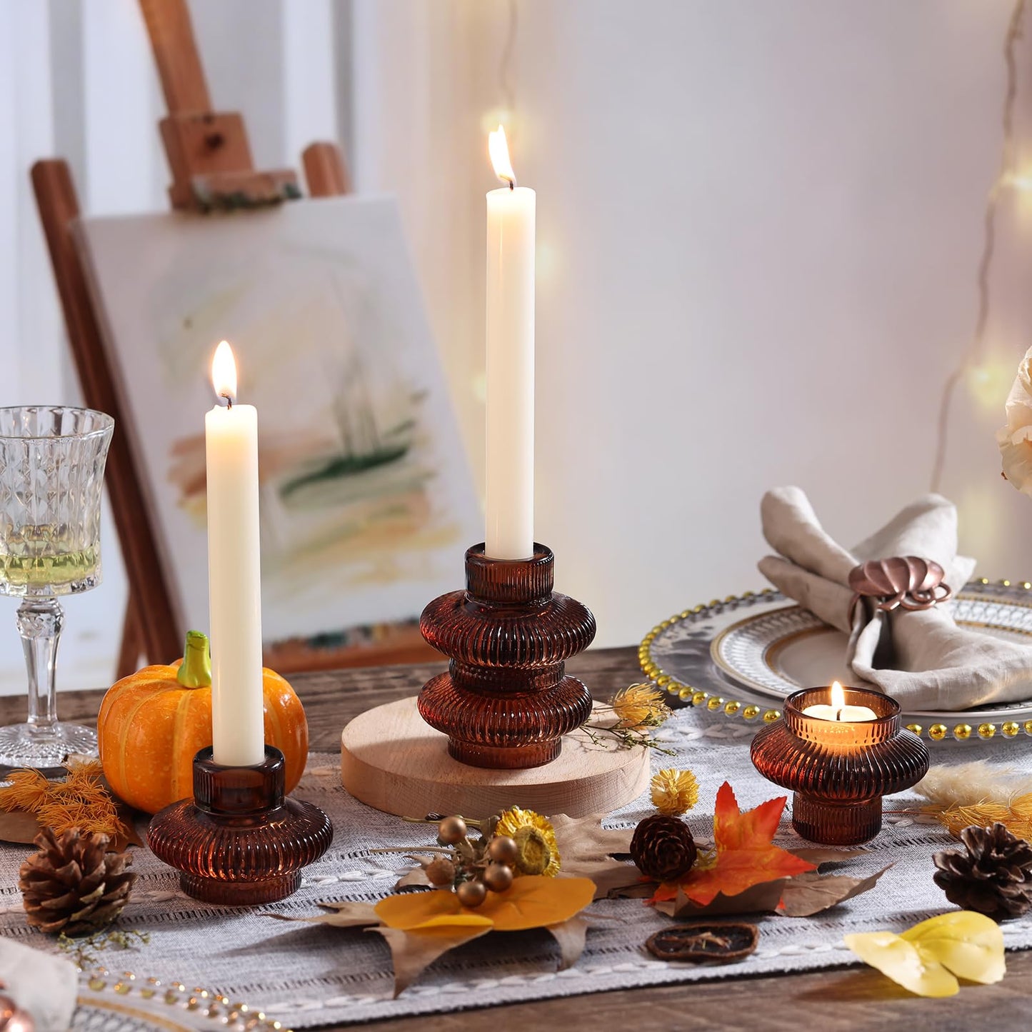 Taper Glass Candlestick Holders Tealight Candle Holders for Table Centerpieces, Fall Wedding Decor and Dinner Party Thanksgiving Christmas Decor (8 Pcs, Brown)