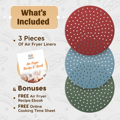 Reusable Square Silicone Air Fryer Liners (8.5 Inch, 3 Pack) by Linda’s Essentials - Non-Stick, Easy-Clean Accessories with Cheat Sheet & Recipe Book, Perfect for Quick Meals