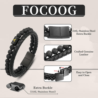 Mens Leather Bracelet with Initial - Men Gift Lava Rock Bead Magnetic Clasp Black Leather Bracelets Mens Gifts Men Bracelets with Initial U Bracelet for Men's Jewelry Men's Gifts for Dad Husband Him