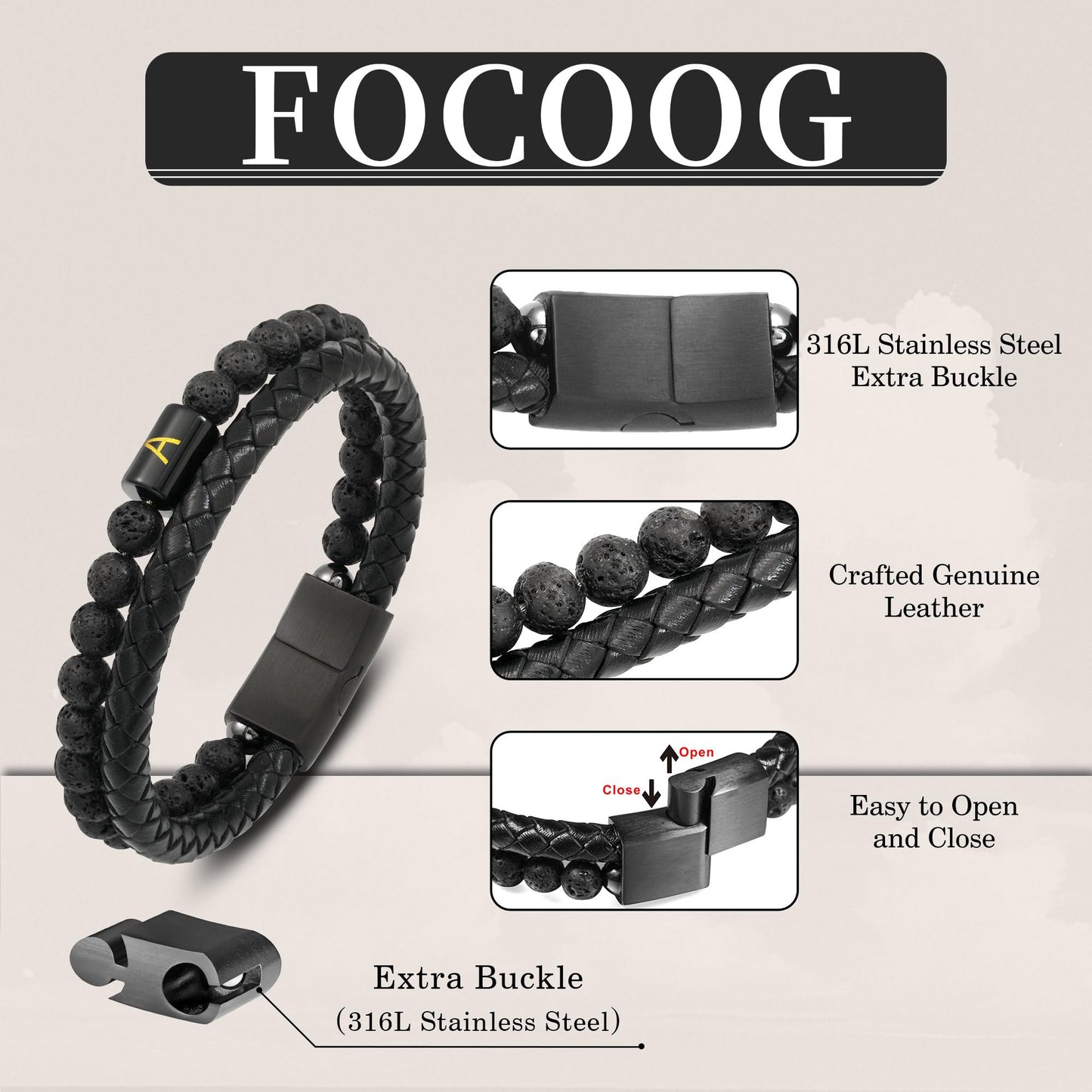 Bracelets for Men - Men Gifts Lava Rock Bead Magnetic Clasp Black Mens Leather Bracelet with Initial Black Mens Leather Bracelets Initial I Bracelet for Men's Jewelry Men's Gifts for Dad Husband Him