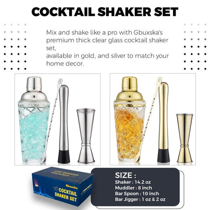 Gbuxska Gold Cocktail Shaker Set - Premium Glass Bartender Kit with Measuring Jigger, Mixing Spoon, and Muddler