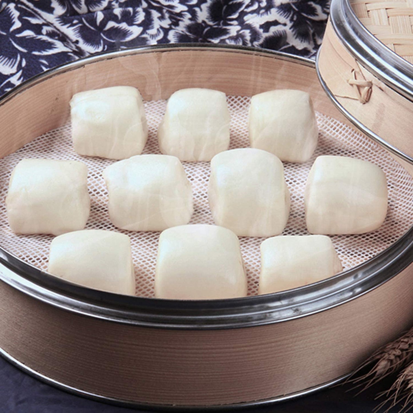 GUCUJI 10 Inch Silicone Bamboo Steamer Liners - Non-Stick, Reusable Steamer Mesh Mats for Steamed Buns, Dumplings, veggies, Dim Sum, Momo, Rice, and fish - Food Grade BPA Free (4Pcs)