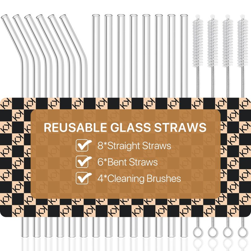 18-Pack Glass Straws, Reusable Clear Glass Drinking Straws Set, 8.5 Inch x 10mm - Includes 8 Straight and 6 Bent with 4 Straw Cleaner Brush, Perfect for Smoothies, Milkshakes, Juice, Tea