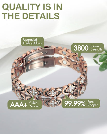 Feraco Pure Copper Bracelets for Women, Ultra Strength Magnetic Bracelet with 3800 Gauss Magnets & Sparkling Zirconia, Adjustable, Infinite Clover Jewelry