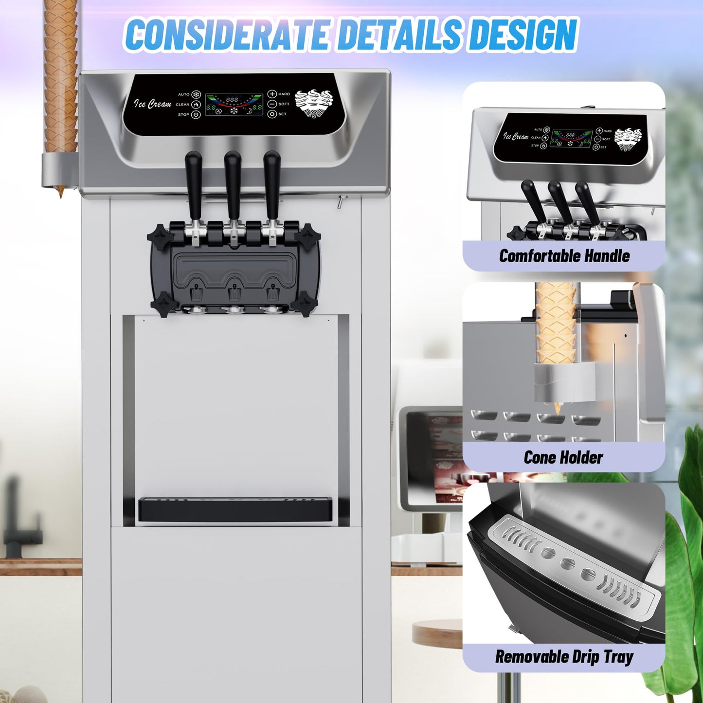 Garvee High Productivity Soft Serve Ice Cream Machine – Commercial 2+1 Flavors – 2200W – 5.8-8 Gal/Hr – LCD Display Screen – Automatic Cleaning – Ideal for Restaurants, Snack Bars, Ice Cream Shops,