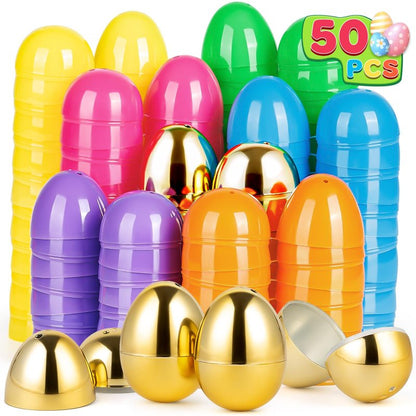 Jumlys 50 PCS 2.4" Plastic Easter Eggs, 42 PCS Empty Easter Eggs Bulk with 8 Golden Eggs, Fillable Eggs with Hinge, Perfect for Easter Hunt, Basket Stuffers Fillers and Easter Theme Party Favors