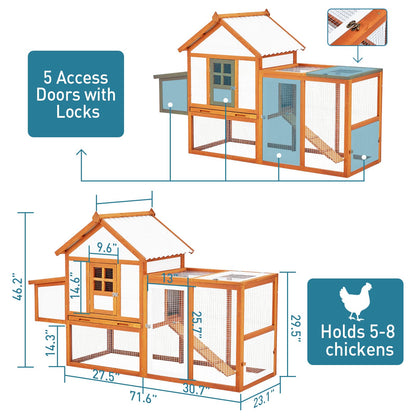 Wooden Chicken Coop & Rabbit Hutch – Portable Hen House for 4-6 Chickens with 5 Access Doors, Nesting Box, Removable Tray, & PVC Roof, Backyard Chicken House for Rabbits, Ducks, Cats, Guinea Pigs