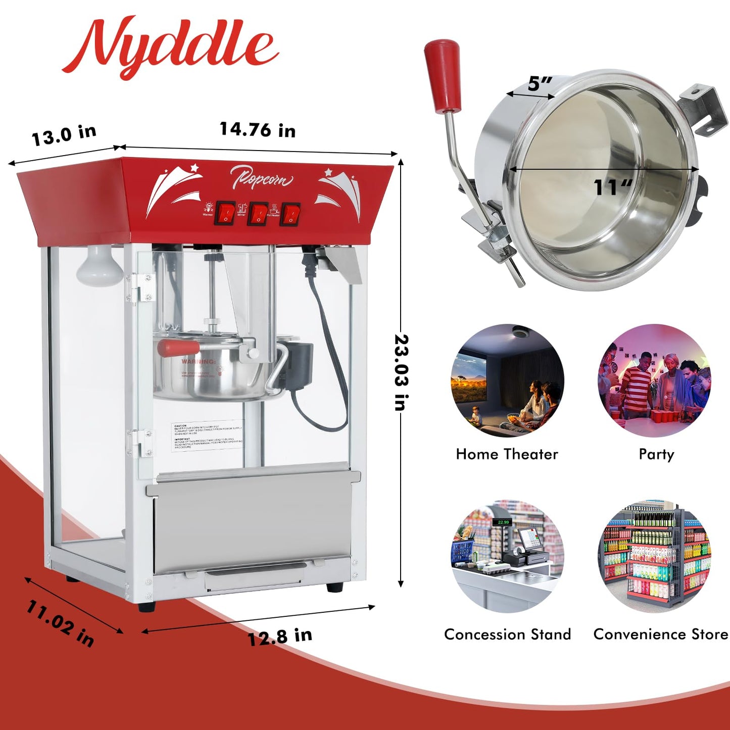 Popcorn Maker Machine,12 Ounce Kettle Stainless Steel Commercial Popcorn Machine with Tempered Glass,Warming Deck, 900W Countertop Popcorn Popper for Parties (Red, 12 Ounce)