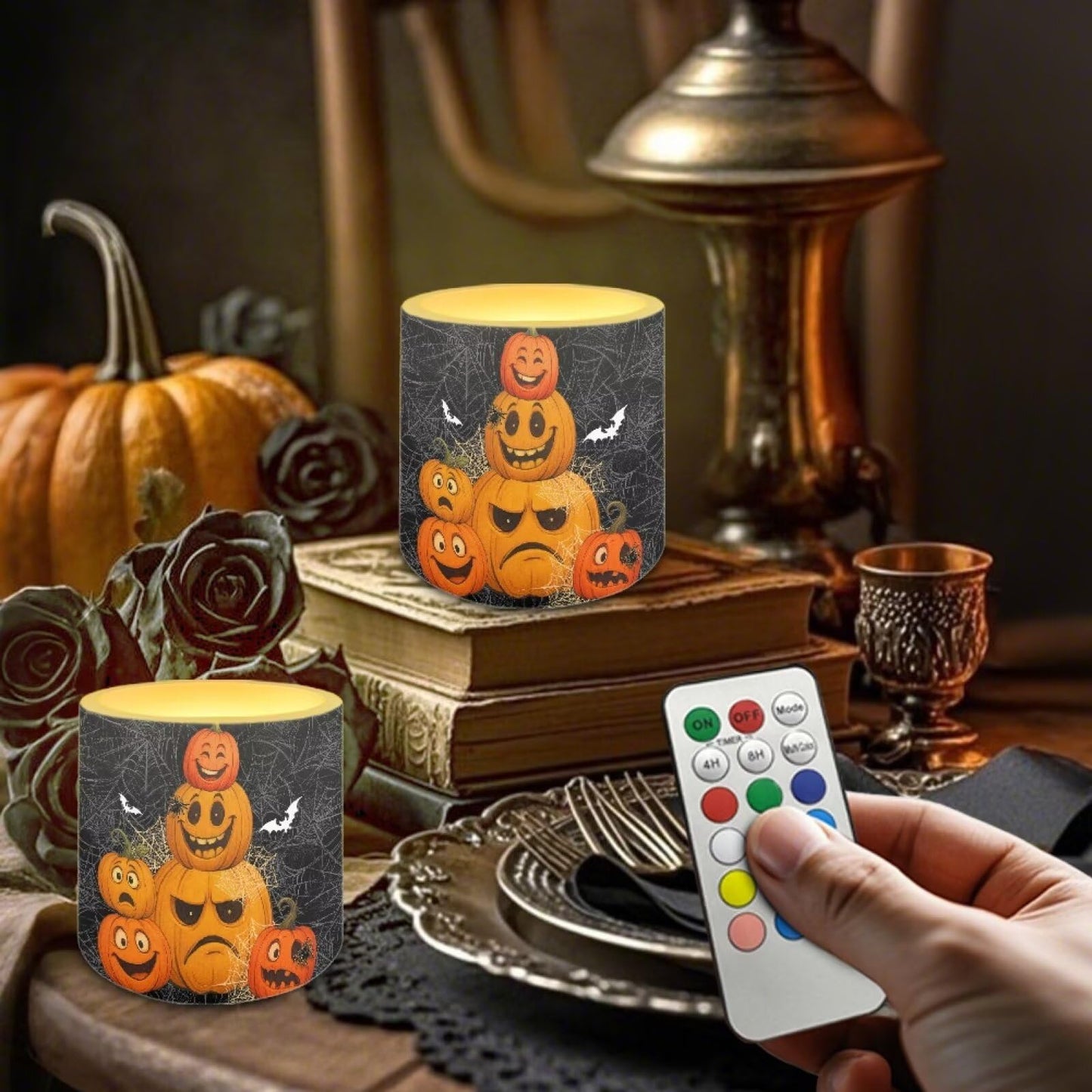 Merkmak 4 Pack Flameless Candles with Remote Halloween Pumpkin Bat Battery Operated Pillar Candles with Timer LED Elictric Tealights for Trick or Treat Party Banquet Home Decorations