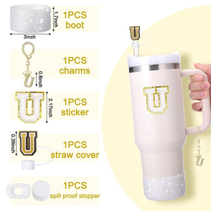 Mity Rain 6-Piece Cup Accessory Set for Stanley 30 oz & 40 oz Tumbler with Handle, Including Straw Cover Cap, Initials Charm, Silicone Boot, Spill-Proof Stopper, Letter U