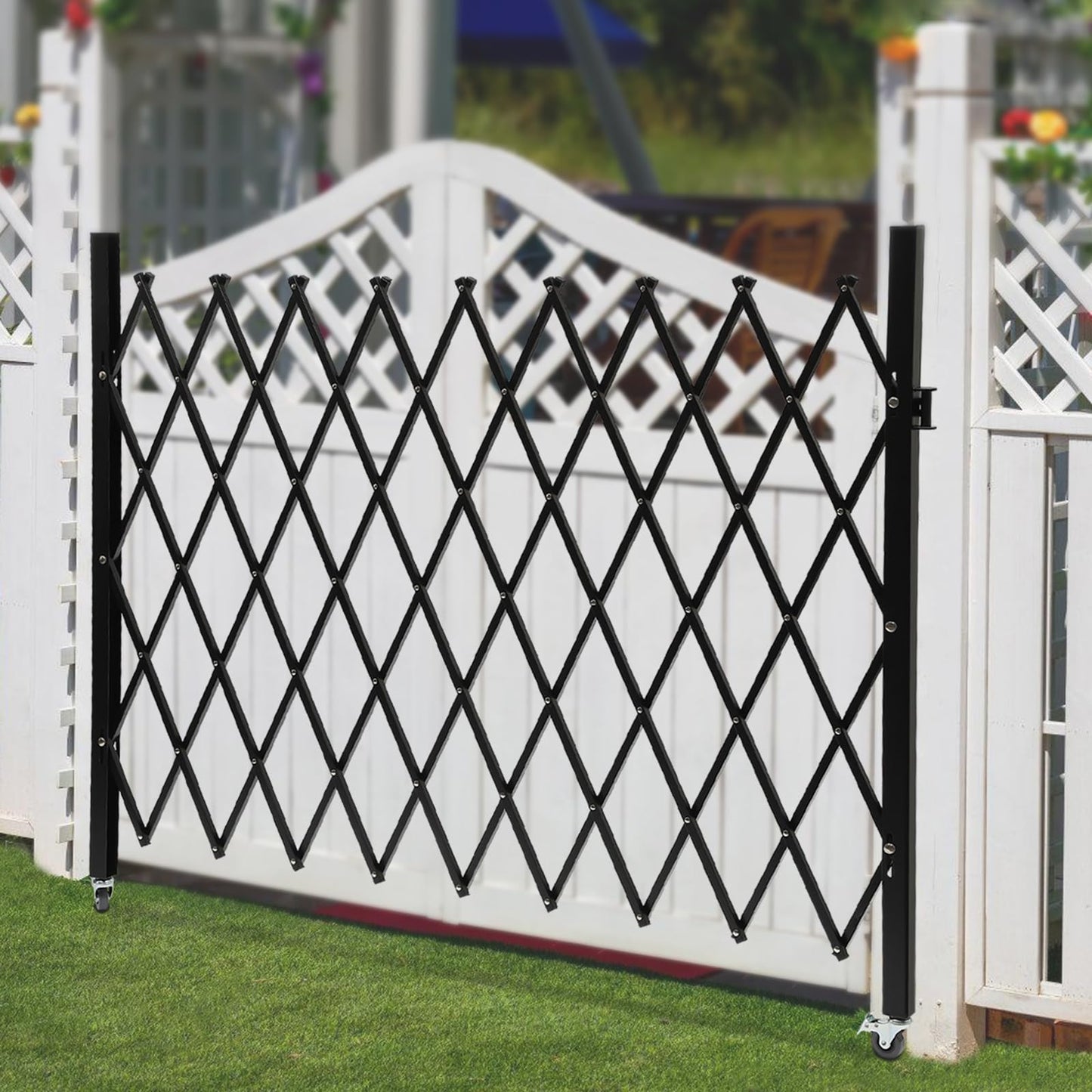 Folding Security Gate, 48" H x 71" W Black Metal Safety Gate with Diamond Grid and Padlock, Expandable Wall Mount Gate for Garage, Basement, Storefront, School and Industrial Site
