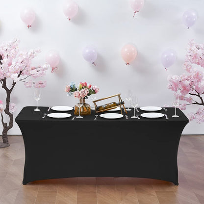 CWK 6FT 2Pcs Stretch Spandex Table Cover for Rectangular Tables - Elastic Fitted Tablecloth for Folding Tables, Wrinkle Resistant, Durable Table Protector for Parties,Weddings,Banquets &Events (Black)
