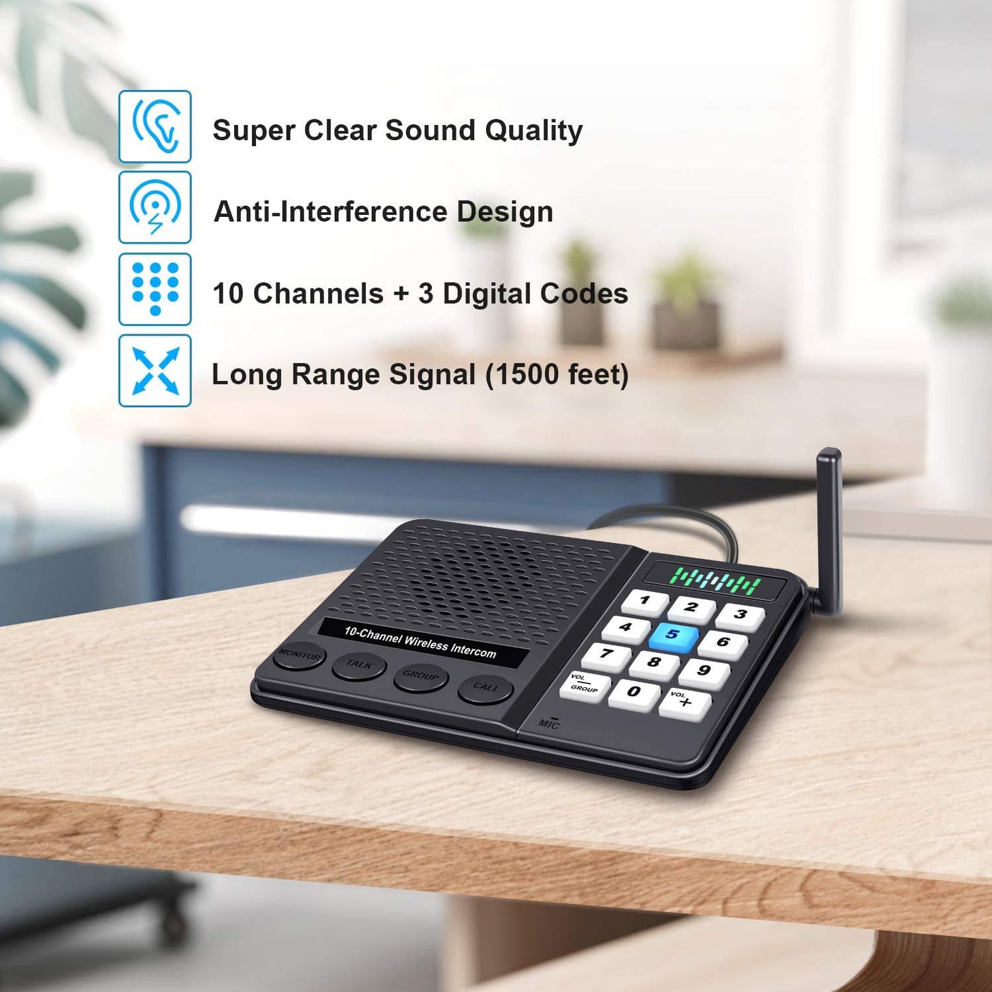 Intercoms Wireless for Home 1 Mile Long Range - GLCON 10 Channel 3 Code Wireless Intercom System for Buiness Office House Elderly - Room to Room Home Intercom Communication System (Pack of 4)
