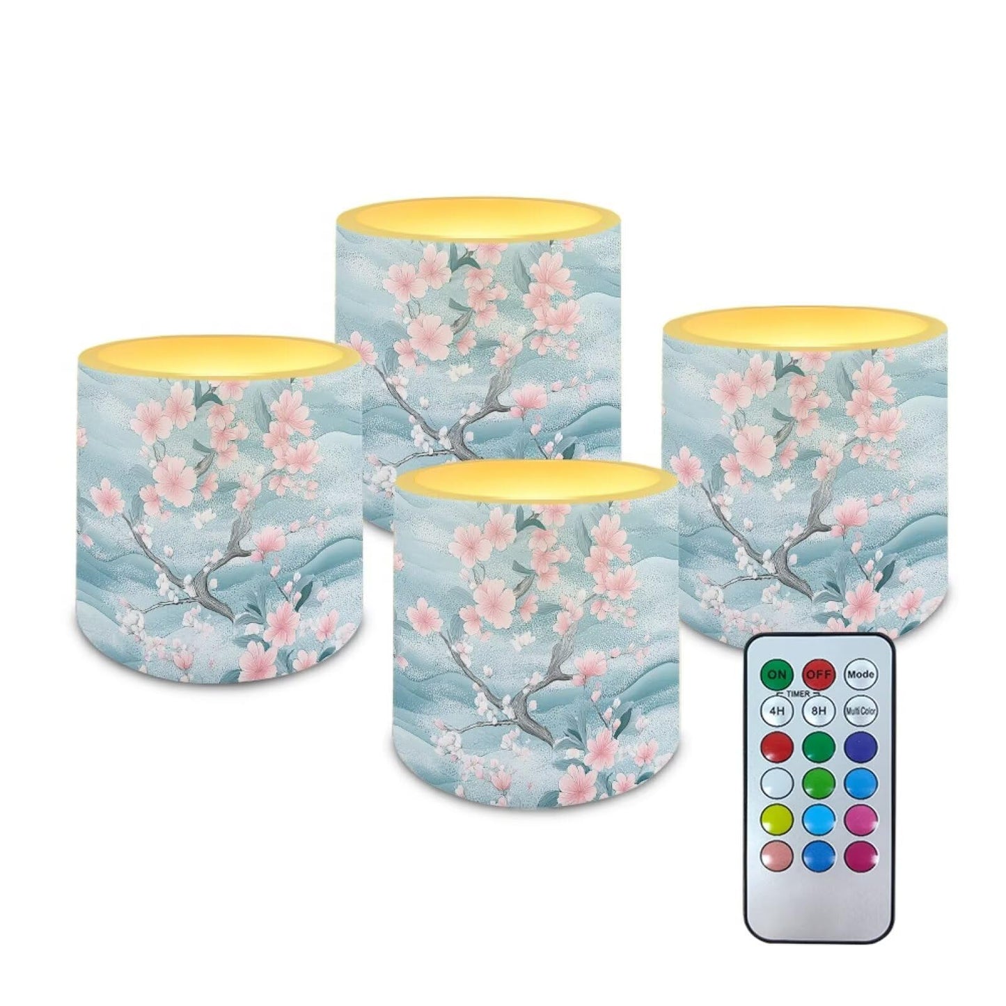 Cozeyat Marbel Cherry Blossoms Convenient Flameless Candles 4 Pack Battery Operated LED Pillar Candles with Remote Control Timer Waterproof for Indoor Outdoor All Uses