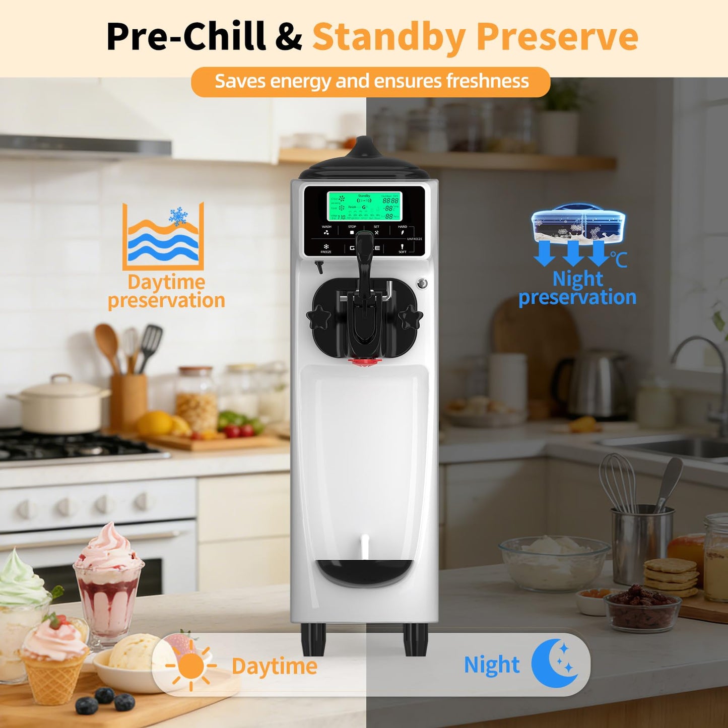 Ice Cream Machine – 3.5 Gals/H Single Flavor Ice Cream Maker 5 Inch Screen Soft Serve Ice Cream Machine with Pre-Cooling Soft Serve Machine with 1.6 Gals Tank for Home, Parties,Cafés,and School