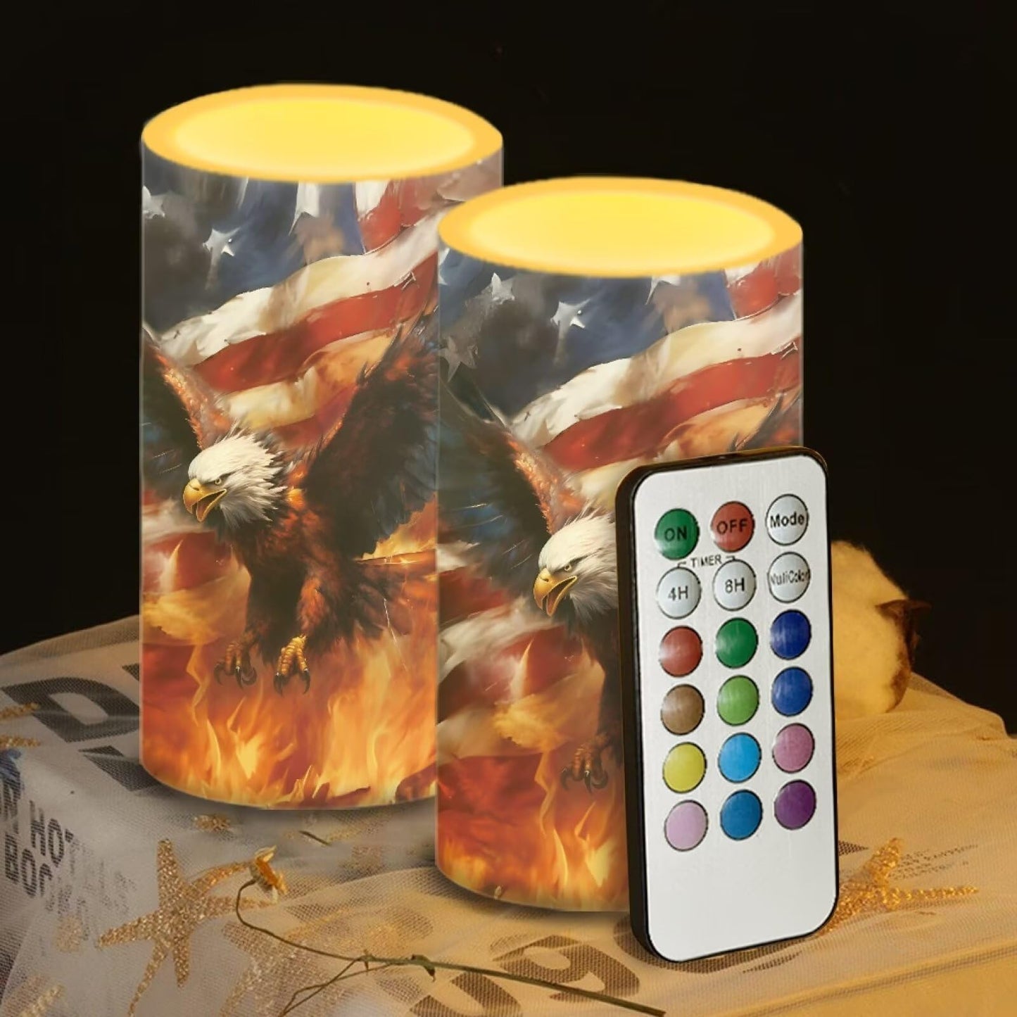 NETILGEN American Flag Flame Eagle Decorative Flameless Timer LED Candles Battery Operated Candles Set of 2 with Remote Control Timer for July 4th Independence Day Decor