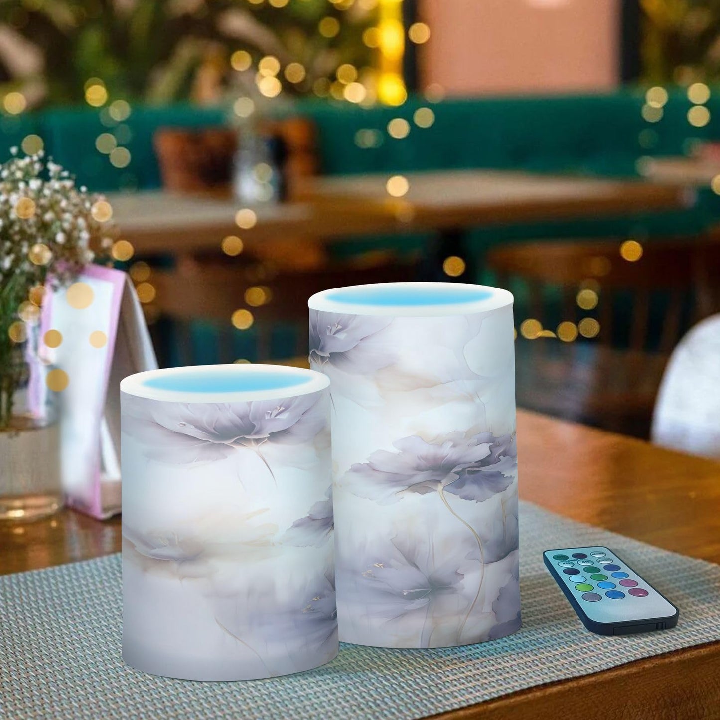 ALAZA Purple Flowers Flickering Flameless Candles Battery Operated with Remote Timer,Tea Light Candles LED Pillar Votive Candles Set of 2 for Outdoor Indoor Decorations