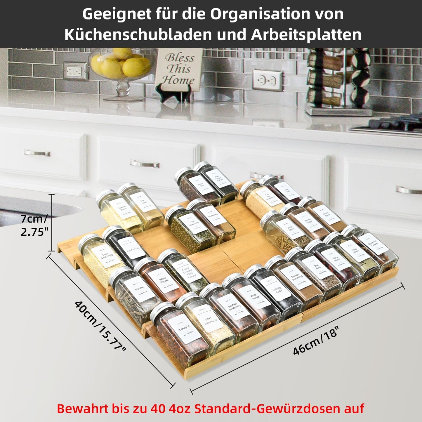 Spice Drawer Organizer with 24 Spice Jars and 216 Labels,Non-slip Rubber, Bamboo 4 Tier Spice Racks Tray Seasoning Containers for Kitchen Drawers,Cabinets,Countertops,13" Wide * 15.8" Deep