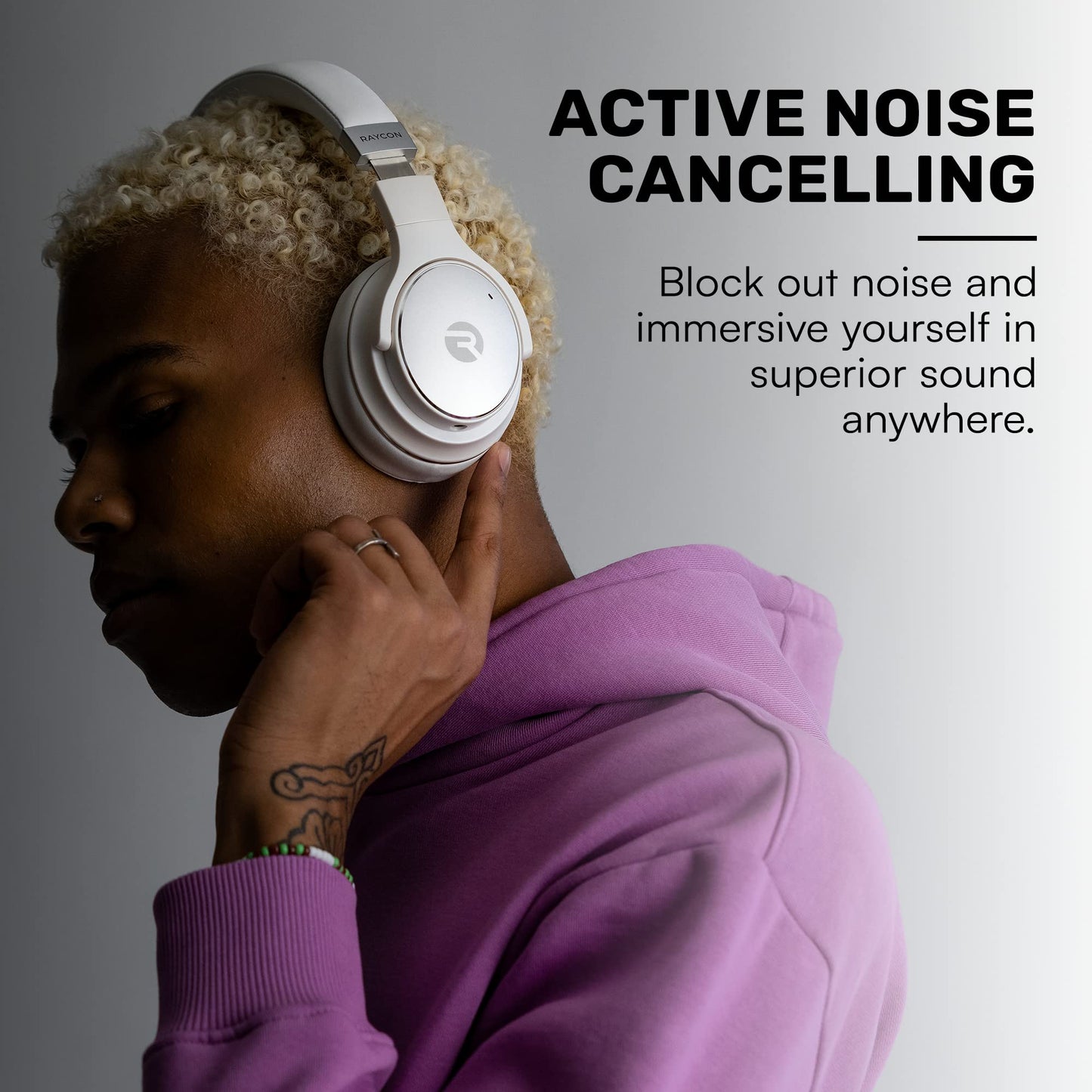 Raycon Everyday Bluetooth Headphones - Over The Ear, Active Noise Cancelling Wireless Headphones + Awareness Mode, Bluetooth Headset with Mic, 40 Hours of Battery Life (Frost White)