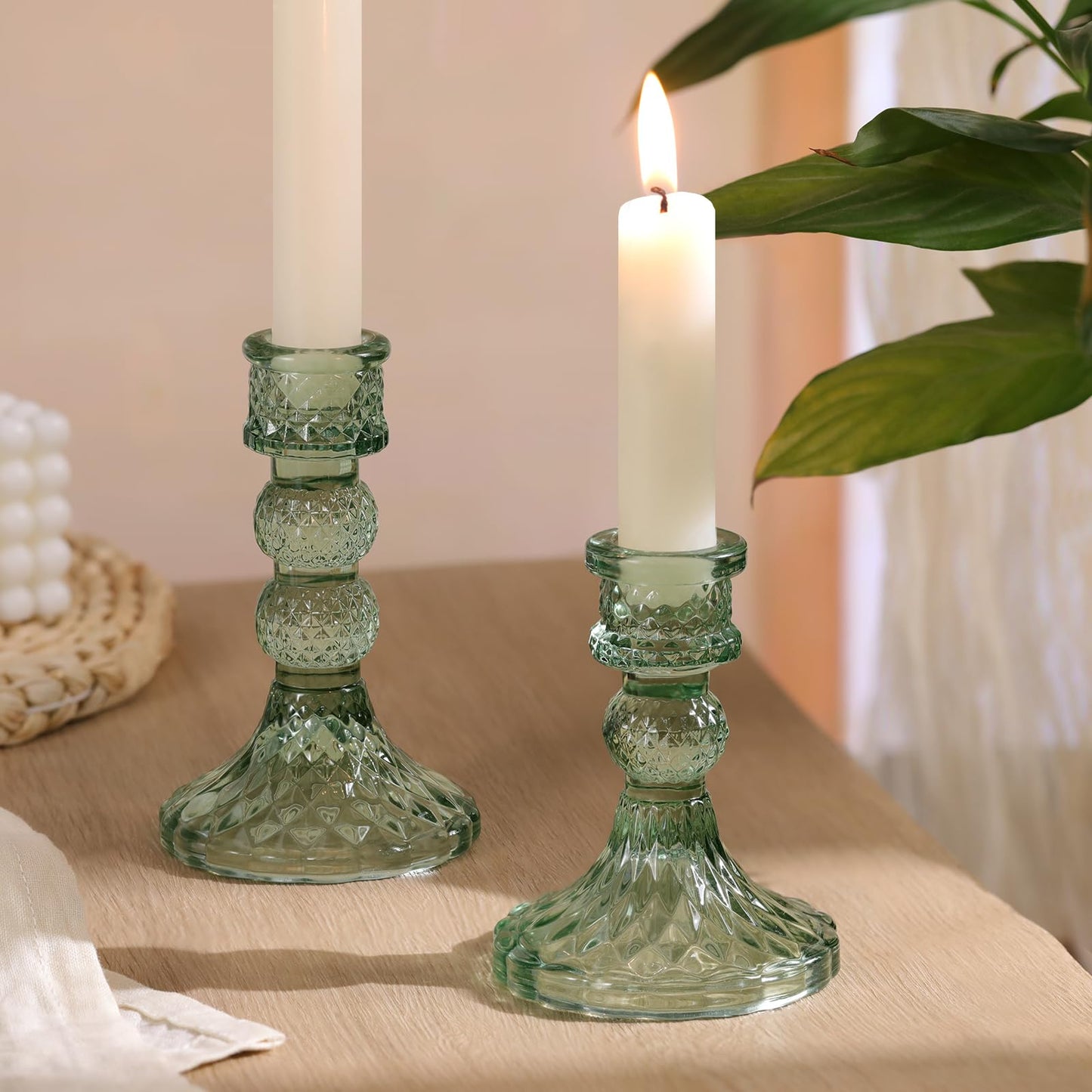 DARJEN Green Glass Candlestick Holders Set of 6, 4" H & 5" H Taper Candle Holders for Candlesticks & Pillar Candles, Diamond Candle Holders for Wedding Party Table Centerpiece, Home Decor