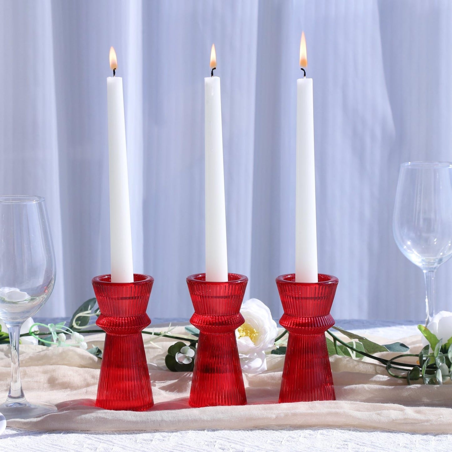 VOHO Red Candlesticks Holders for Christmas Decorations, Set of 3 Ribbed Glass Candle Holder Versatile for Taper & Tea Lights Candles, Romantic Red Taper Candle Holders for Valentines Day Anniversary
