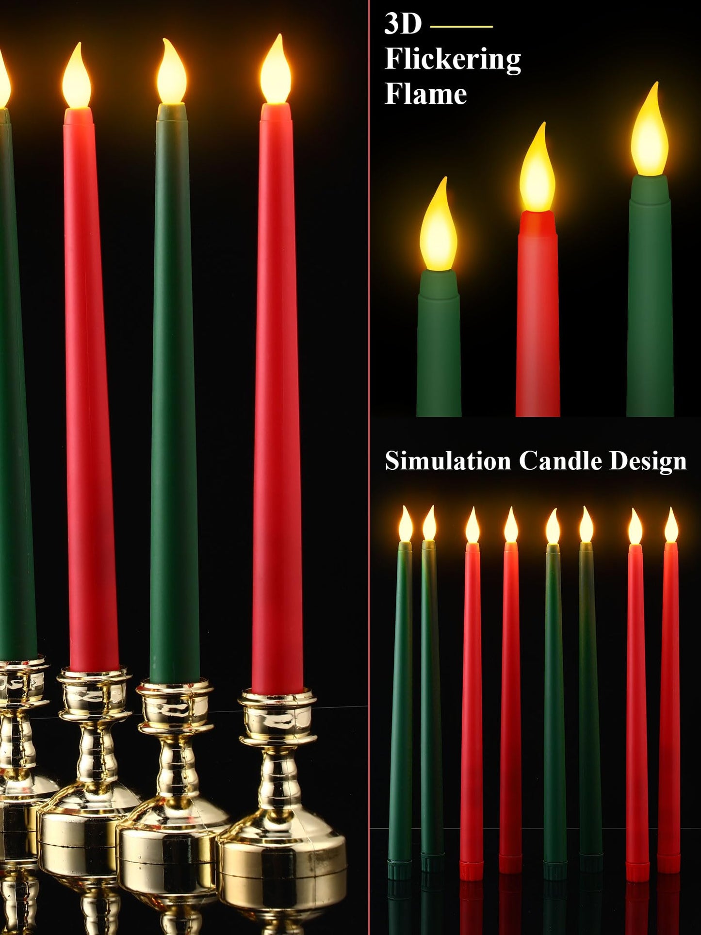 Funtery 48 Pcs Flameless LED Taper Candles Battery Operated Candles Bulk Realistic LED Candlesticks Flickering for Wedding Church Graduation Party Home Decor(Red, Green,Classic Style)