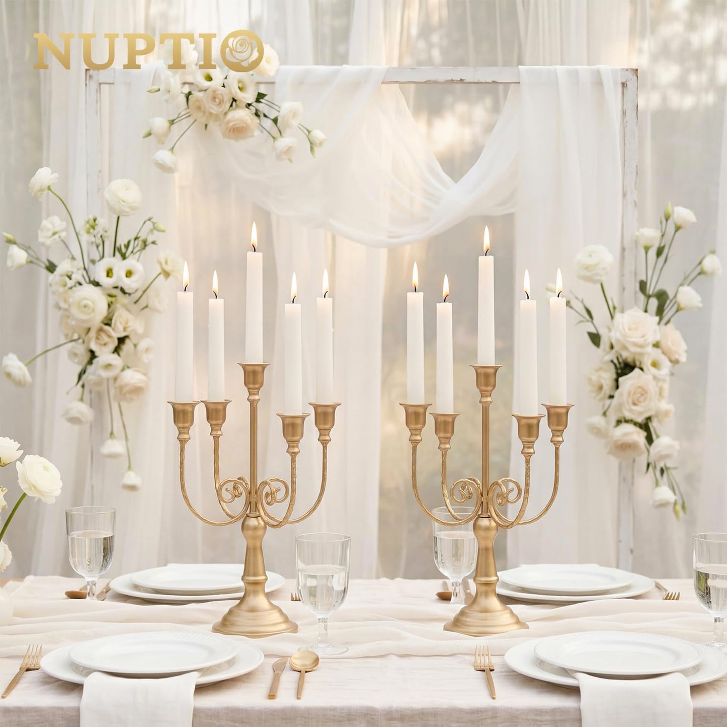 NUPTIO Gold Candelabras Candle Holder Set of 2 Metal Candelabra Centerpieces 5 Branches Candle Stick Stands Candleholder Fireplace Wedding Reception Antique Decorative Dinning Table Christmas