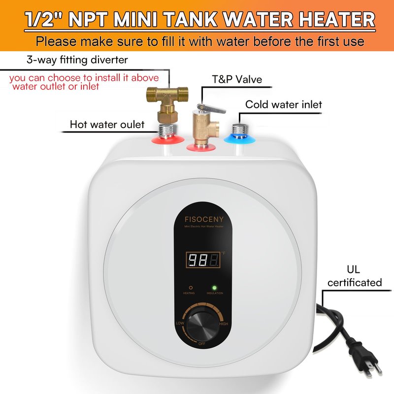 KENUOS Under Sink Instant Hot Water Heater,2.5 Gallon Mini Tank Water Heaters with LED Display,1500W 120V Small Water Heater 1/2" NPT for RV,Kitchen,Compact Design with T&P Valve,3-Way Fitting Valve