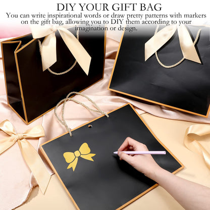 Silkfly 12 Pcs Thank You Gift Bags with Handle 12x10x4'' Welcome Elegant Gifts Bag with Bow Ribbon for Mother's Day Wedding Graduation Bridesmaid Baby Shower Birthday Housewarming (Black)