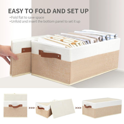 Closet Organizer Bins 3 Pack, Large Storage Bins for Shelves, Foldable Closet Storage Boxes Baskets with Leather Handles for Organizing Clothes, Sheets, Jeans, Toys, Books（Begie）