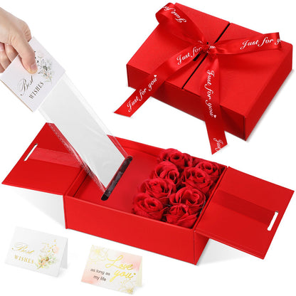 Resholder Money Pull Box for Cash Gift Birthday Money Pull out Gifts with 8 Rose 2 Greeting Card 1 Light String for Mom Husband Wife Anniversary Christmas(Red)