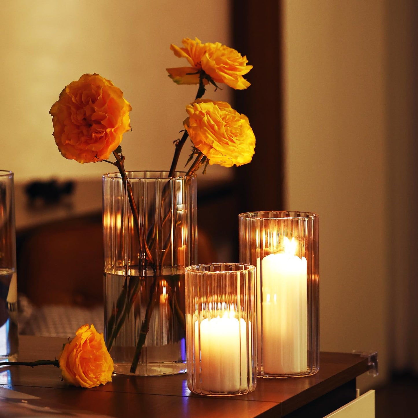 PHOSPHOR 6 PCS Ribbed Glass Candle Holder, Cylinder Candle Holders for Pillar Candles, Clear Glass Hurricane Candle Holders 6'', 8'', 10'' Glass Cylinder Centerpieces Vases