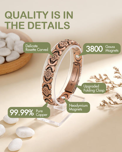 Feraco Pure Copper Bracelets for Women, Ultra Strength Magnetic Bracelet for Women with 3800 Gauss Magnet, Adjustable Flower Real Copper Jewelry Gift with Infinite Rose-Engraved (Copper)