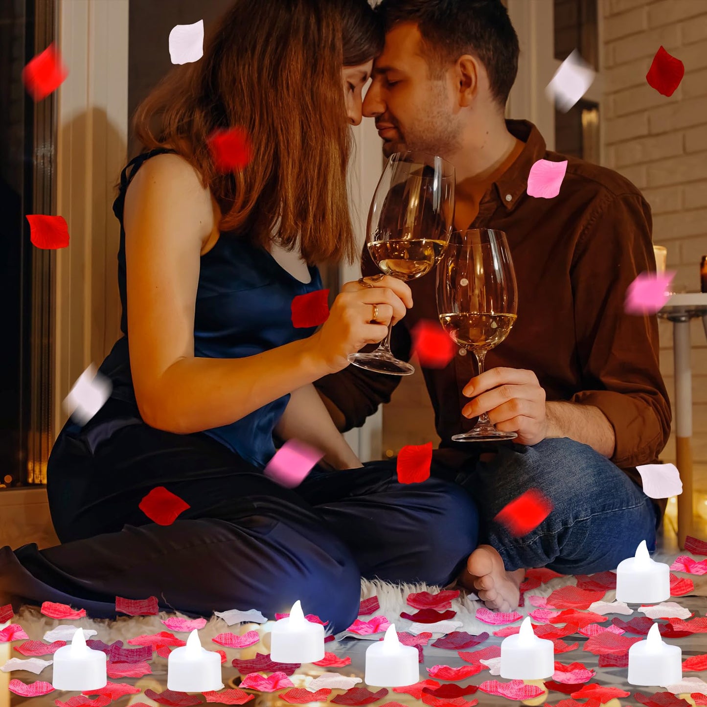 Coume 6000 Pieces Artificial Rose Petal 72 Pieces LED Tealights Candle, Romantic Decorations Special Night Rose Petal Heart Candle for Valentines Wedding Anniversary Proposal Decor(White Light)
