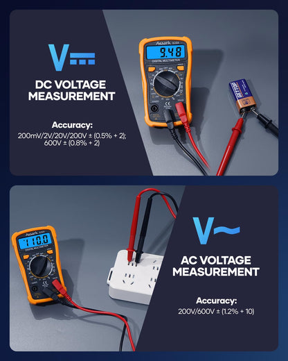 Digital Multimeter Voltage Tester, Assark 2000 Counts Multimeter Measure AC DC Voltage DC Current, Meter Tester Test Volt Ohm Amp Diode Continuity, Resistance, Backlit LCD Display, Data Hold Function