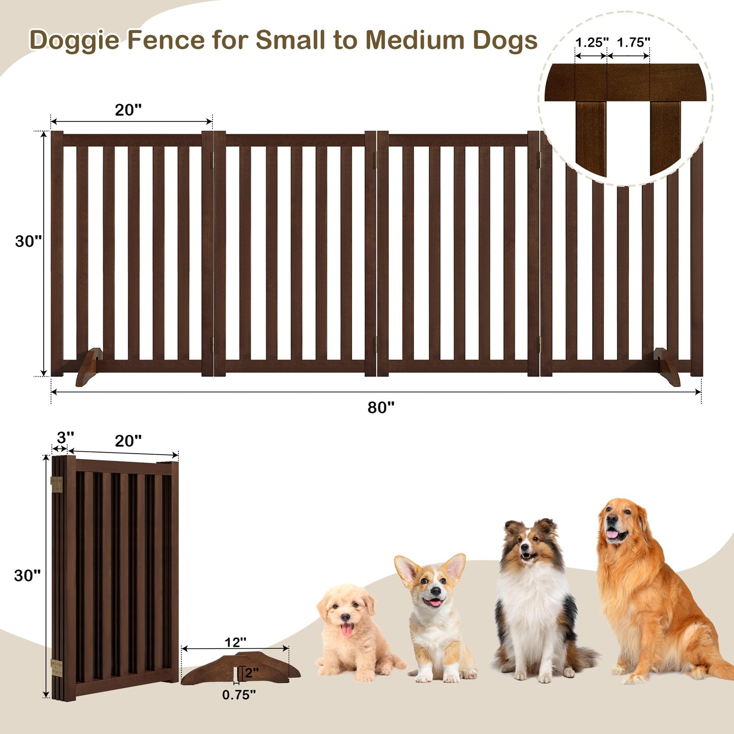 30" Height Tall Freestanding Pet Gate, Solid Wood Folding Safety Fence Wooden Dog Gate with 2 PCs Support Feet Ideal for Stairs, Doorways, Halls, Kitchens, Heavy Duty Gates, 4 Panels, Walnut