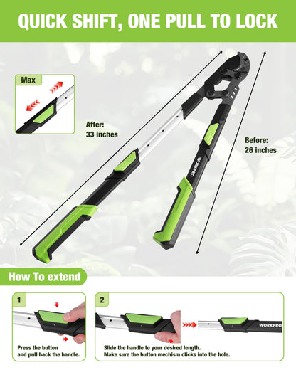 WORKPRO 26"-33" Extendable Anvil Lopper, Heavy Duty Tree Trimmer with 2 Inch Cutting Capacity, Branch Cutter with Compound Action, Garden Lopper with Telescopic Handles for Garden Farm Orchard