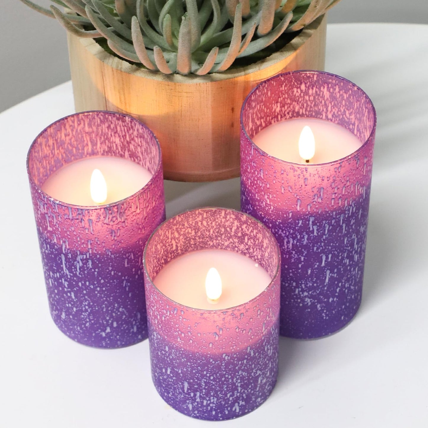 HJANDHJ Purple Flameless Candles with Remote, Flickering Battery Operated Candles with Timer, Set of 3 LED Pillar Candles for Outdoor Indoor Wedding Home Party Decor