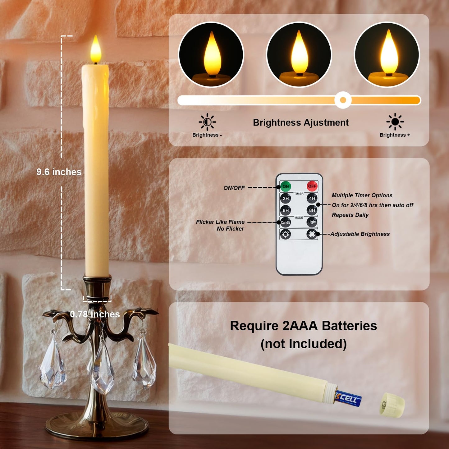 Homemory 3 Pcs Real Wax Flameless Taper Candles with Remote Timer and Dimmer, Battery Operated Candlesticks with Flickering Light, Ivory Window Candles, 9.6 Inches for Wedding Home Decor