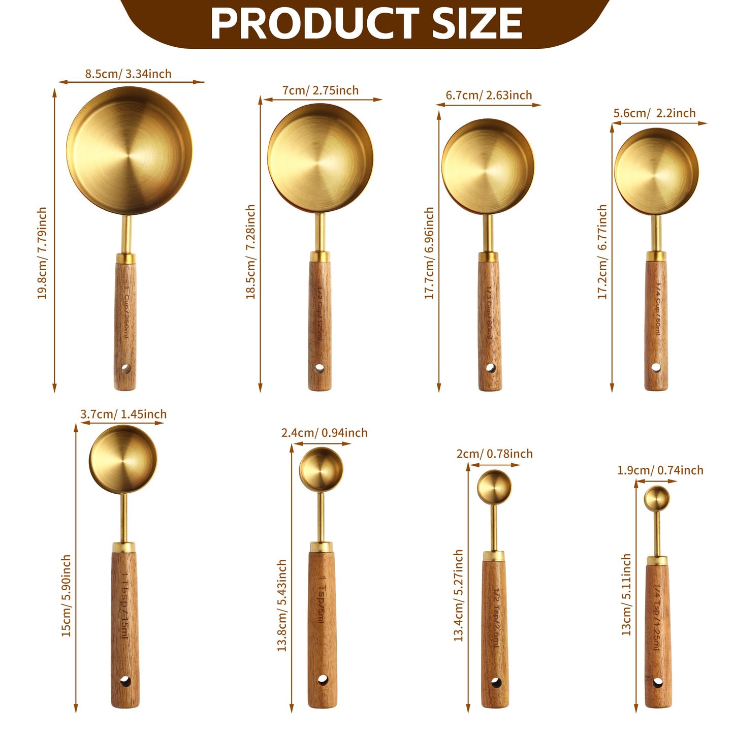 Gold Measuring Cups and Spoons Set,8 Piece Premium Stainless Steel Measuring Cups with Wood Handles,4 Stackable Wooden Measuring Cups and 4 Measuring Spoons Set for Baking Supplies in the Kitchen