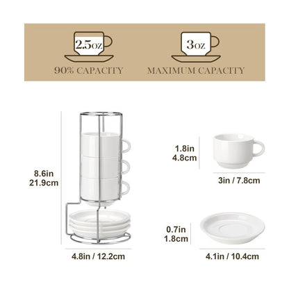 MALACASA 2.5 OZ Porcelain Espresso Cups with Saucers and Metal Stand Set of 4, Stackable Cappuccino Cups, White Expresso Shots Cup Set for Coffee Drinks, Latte, Tea